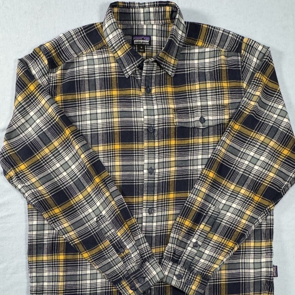 Patagonia Mens Midweight Fjord Organic Cotton Flannel Shirt M Navy Yellow Plaid